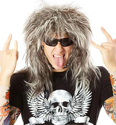 ALLAURA glam rock mullet wig with two tattoo sleeves laid beside the wig