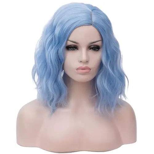 Water blue short curly bob wig with wavy layers shown on model