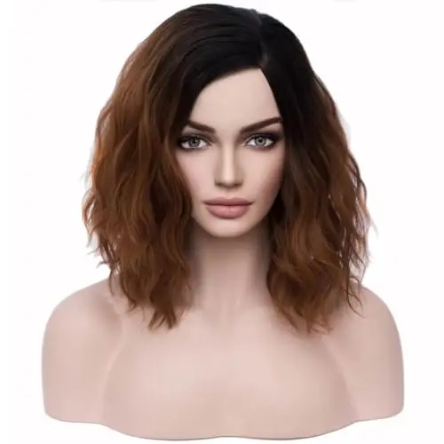 BERON black to brown ombre curly bob wig on model