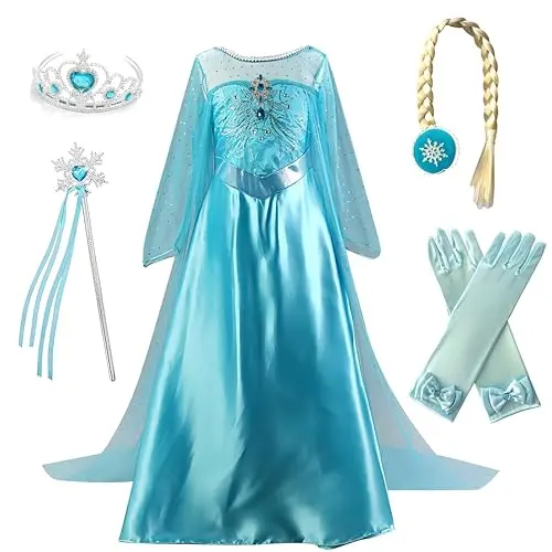 Kuzhi Princess Costume Set with blue wig, dress, crown, wand and gloves for child