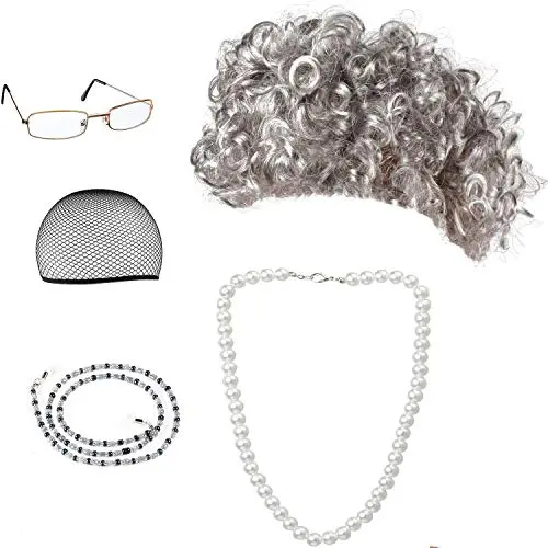 Beelittle old lady costume set with brown antique wig, granny glasses, faux pearl necklace, and wig cap