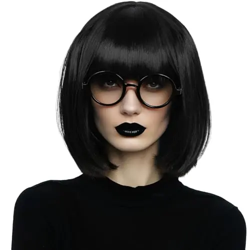 Linfairy black bob wig with glasses frames
