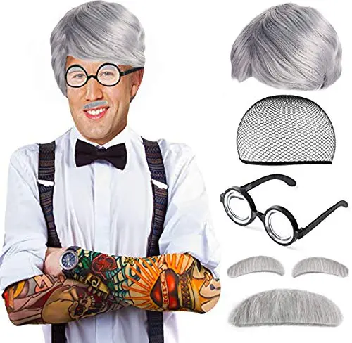 Beelittle Old Man Mad Scientist complete costume set with grey wig, moustache, eyebrows, and glasses
