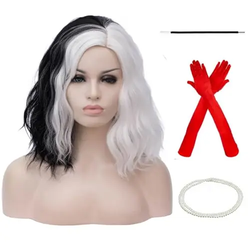 BERON 14-inch black and white short curly bob wig with body wave