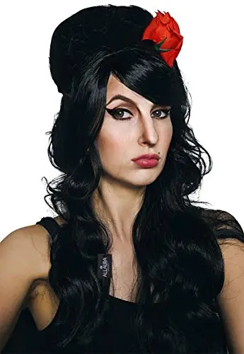 Black curly beehive wig with red flower by ALLAURA