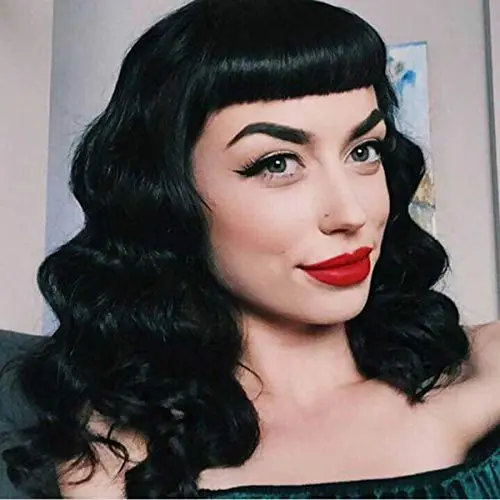 DIFEI vintage black wig with short bangs and finger waves