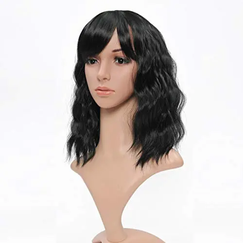 Short wavy black bob wig with air bangs