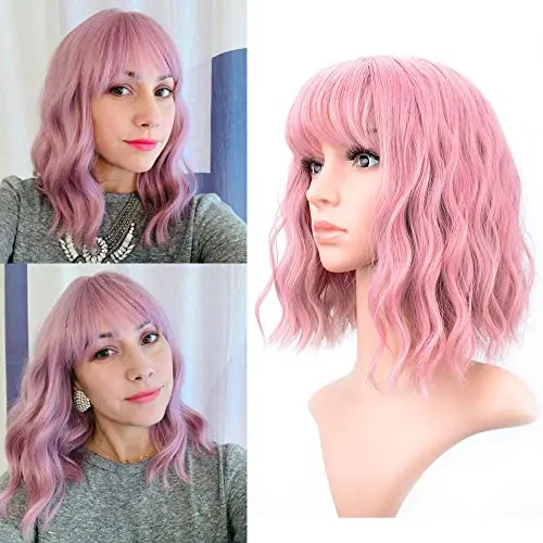 VCKOVCKO Pastel Wavy Bob Purple Pink Wig with Air Bangs