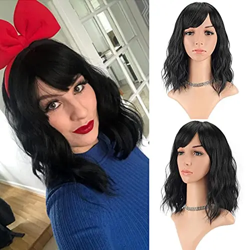 Black wavy bob wig with bangs
