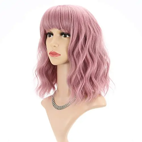 Short pink wavy bob wig with bangs on mannequin