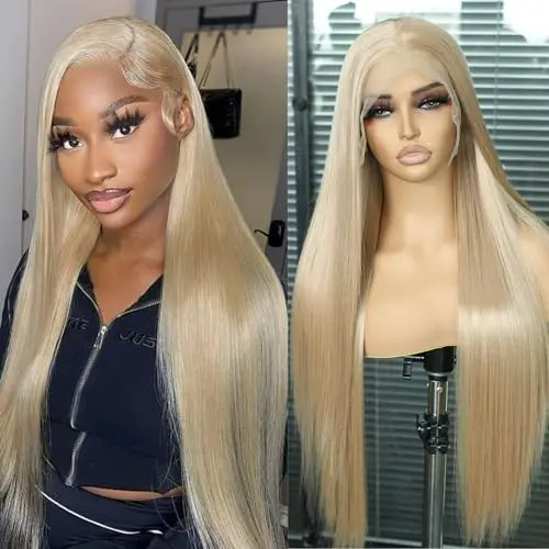 Sapphirewigs long straight ash blonde lace front wig on a mannequin head