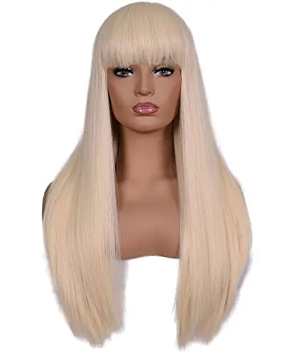Morvally 26 inch long straight blonde wig with bangs