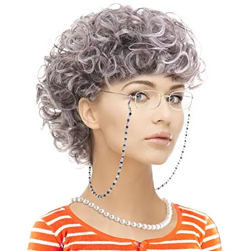 Feacole 5-piece old lady costume set with grey wig, wig cap, granny glasses, eyeglass chain, and pearl necklace