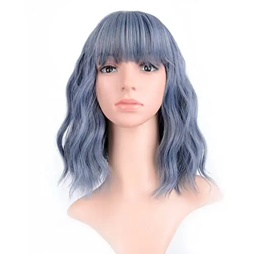 Mix blue wavy bob wig with air bangs on a woman