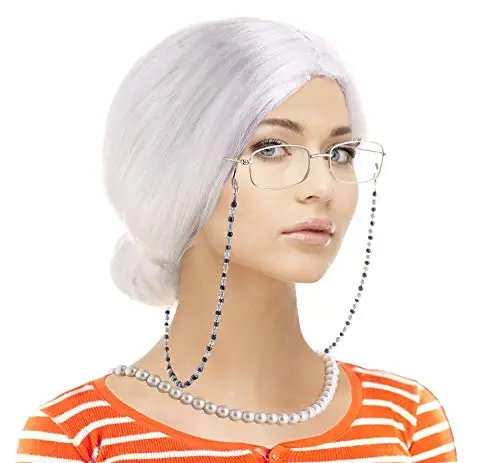 Feacole old lady costume set with grey granny wig, wig cap, Madea granny glasses, eyeglass chain, and faux pearl necklace
