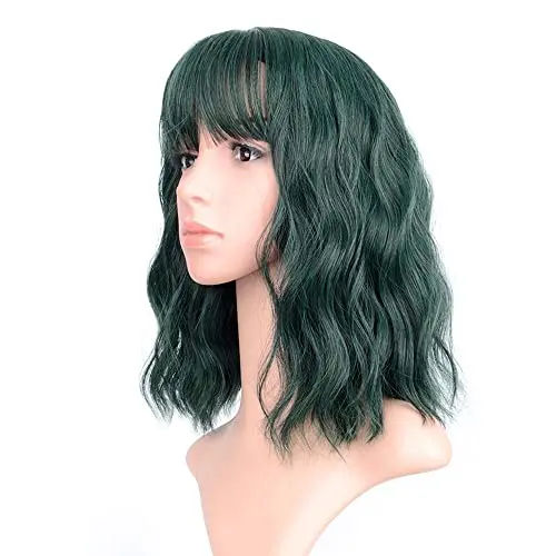 FAELBATY 12 inch dark green synthetic wavy bob wig with air bangs