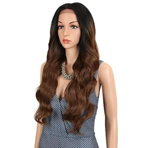 Joedir 26 inch curly wavy 13x4 free part lace frontal wig in ombre brown