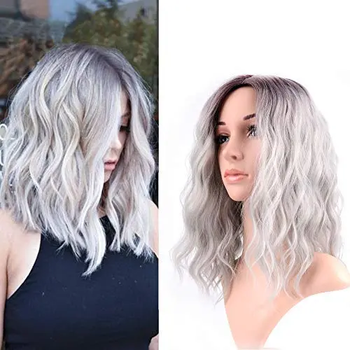 FAELBATY 14 inch curly grey wig in ombre purple grey colour