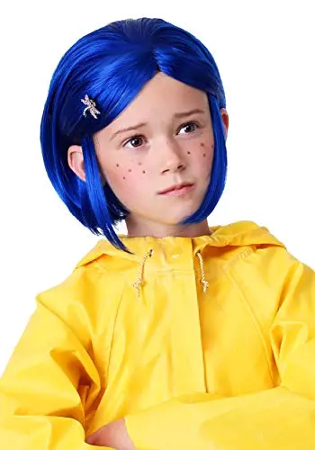 Fun Costumes child Coraline blue bob wig with faux-gem hair pin