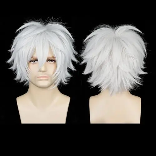 LABEAUTE short fluffy white anime boy cosplay wig with bangs