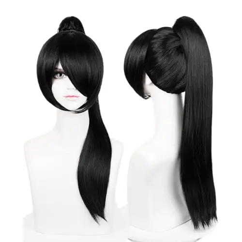 LABEAUTE black straight long clip-in ponytail wig with bangs