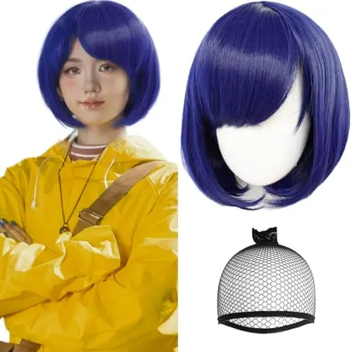 ANOGOL Blue Cosplay Wig with Bang Short Navy Bob Wig for Women