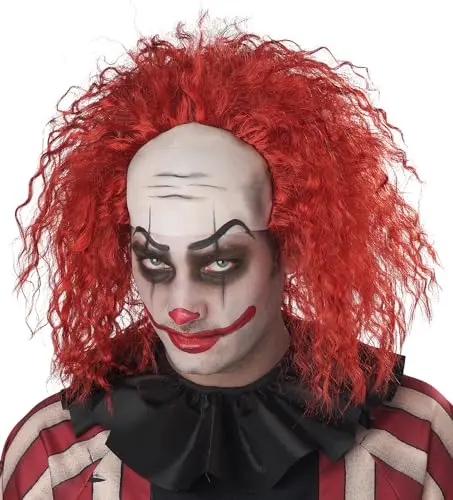 Red curly clown wig with attached bald cap shown on a display head