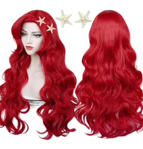 Max Beauty Red Mermaid Wig with starfish hair pin and wig cap