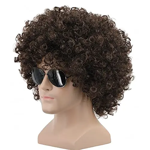 yuehong Short Dark Brown Curly Fluffy 70s Afro Wig