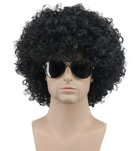 Short curly black rocker afro wig on adult