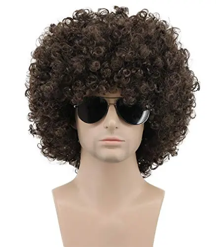 Short curly dark brown afro wig on model