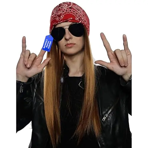 Red 80s rocker wig with bandana and sunglasses