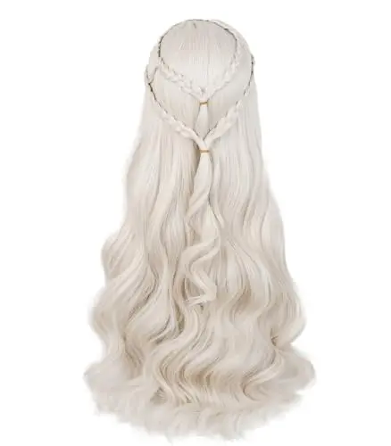 Long blonde braid curly wig on model