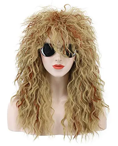 karlery long curly orange and blonde wig styled in an 80s metal look
