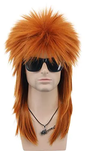Long straight orange disco mullet wig