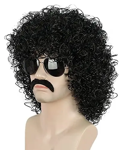 Yuehong black curly jumbo 70s 80s afro wig with mustache