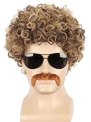 yuehong brown short curly afro disco wig with mustache on mannequin