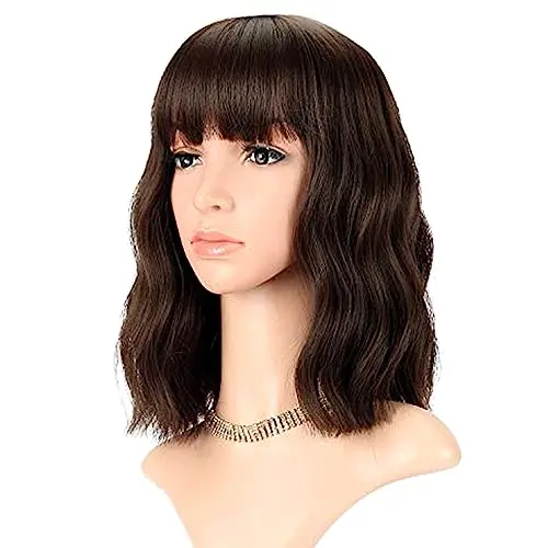 Front view of FAELBATY shoulder-length wavy brown wig with bangs