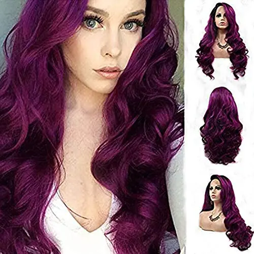 Purple lace front body wave wig with black roots and 24-inch length