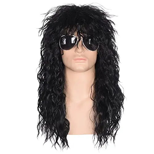 Long curly black glam rock wig on a man