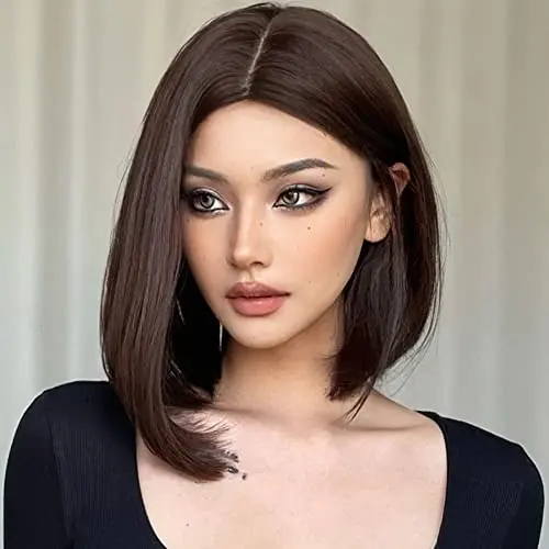 MIMAN shoulder length dark brown straight bob wig with middle part