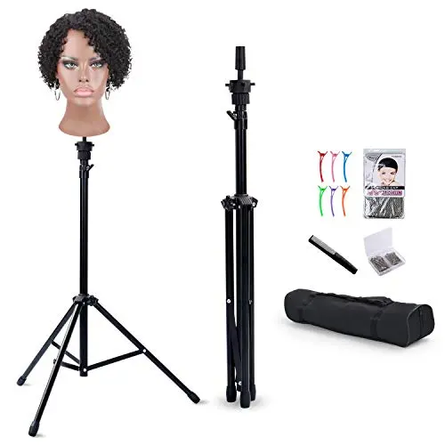 Adjustable tripod wig stand with mannequin head holder and accessory tray