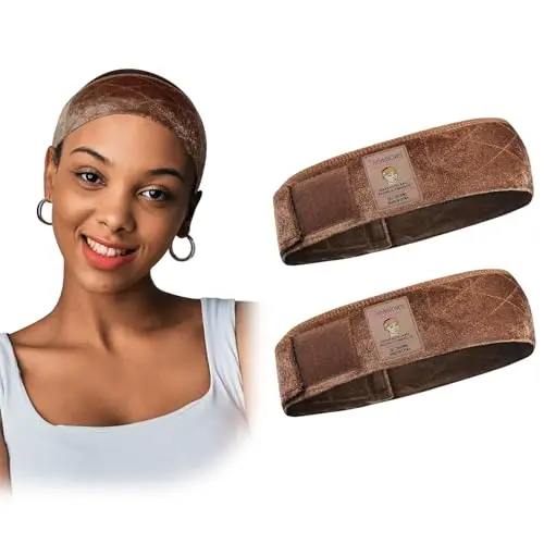 Brown velvet wig grip headband with hook-and-loop closure, two pieces