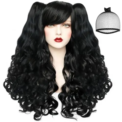 Long black curly ponytail wig with bangs