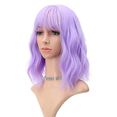 FAELBATY Wavy Short Purple Wig with Air Bangs
