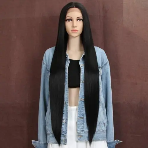 Style Icon 38 inch extra long straight black lace front wig with deep middle part