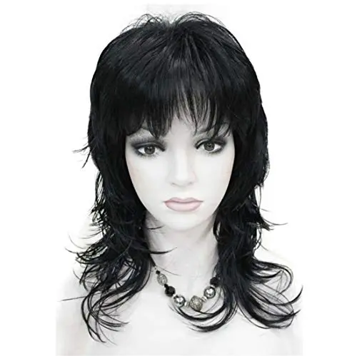 Lydell 18-inch black wavy shaggy wig with bangs on mannequin