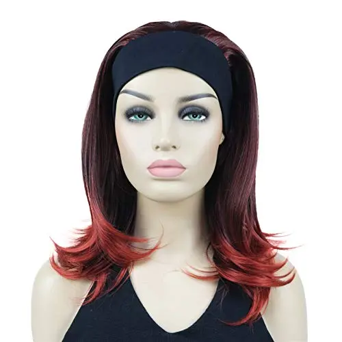 Lydell red headband wig with long straight-wavy synthetic hair on a head form