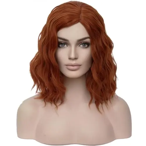 Dark orange short curly wavy costume wig with shoulder-length style