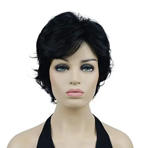 Black short curly wavy wig with bangs, textured style